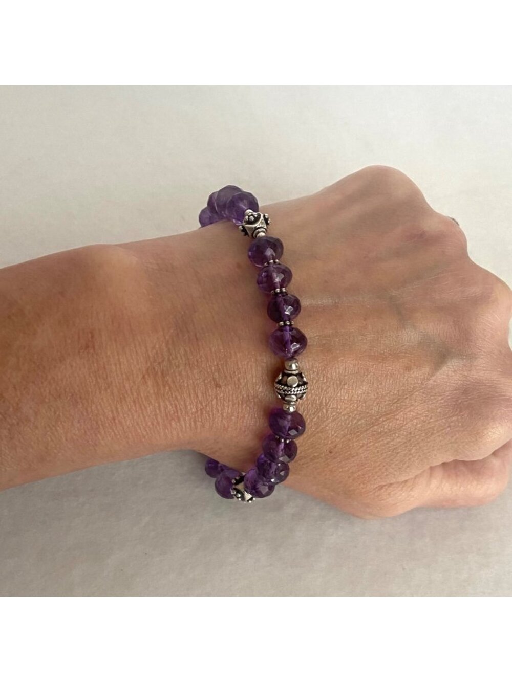 Sterling Silver 925 Faceted Amethyst Rondelle Beaded Bracelet 8"